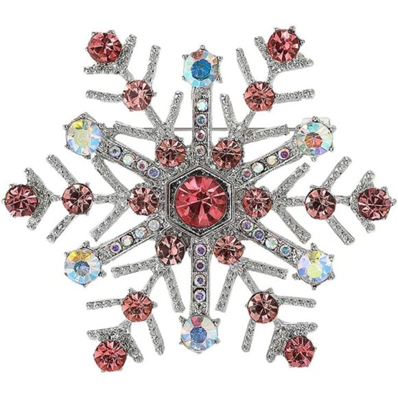 Women Rhinestone Snowflake Brooch Crystal Winter Snowflake Brooch Pin Pink - Picture 1 of 5